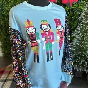 NEW - Blue Glitter Christmas Nutcracker Sequin Long Sleeve Sparkle Boutique Top